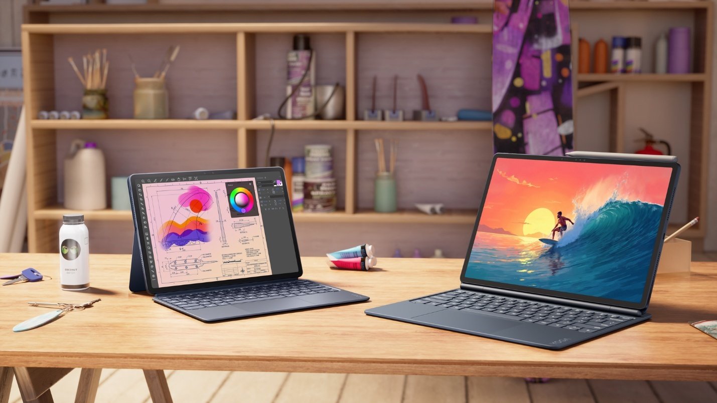 Lenovo Yoga Tab Plus Gen 2 and Yoga Tab Gen 2 creator tablets with detachable keyboards and pens