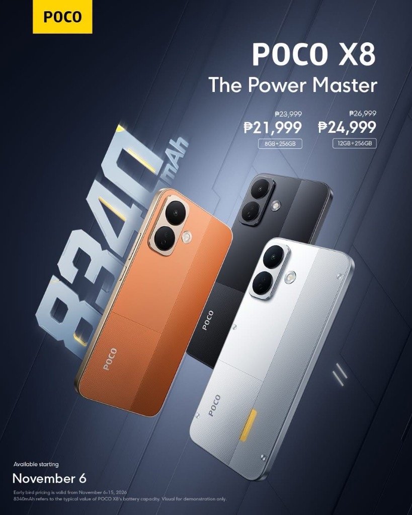POCO X8 Power Master announcement poster featuring 8340mAh battery and Philippine pricing