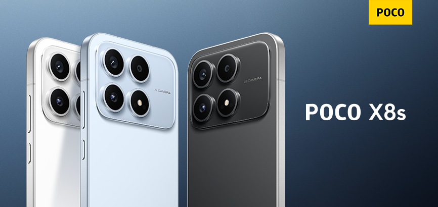 POCO X8s smartphone in black, blue, and white colors
