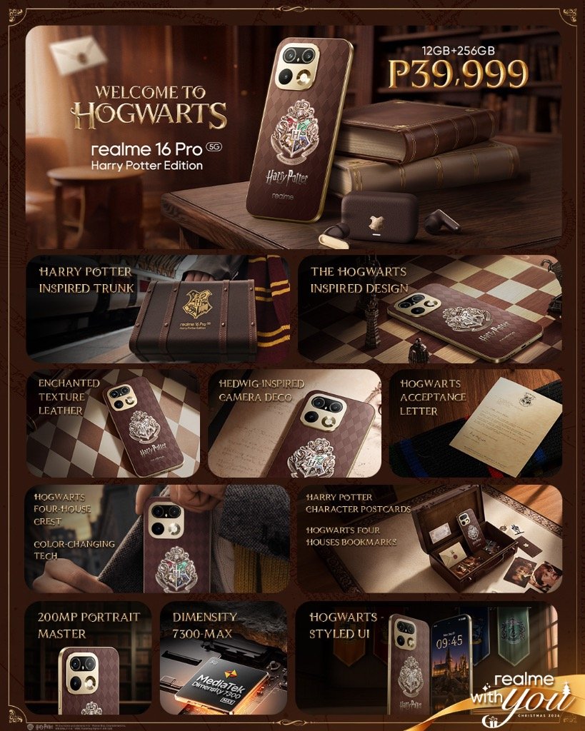 realme 16 Pro 5G Harry Potter Edition Hogwarts trunk box set with collectibles and specs