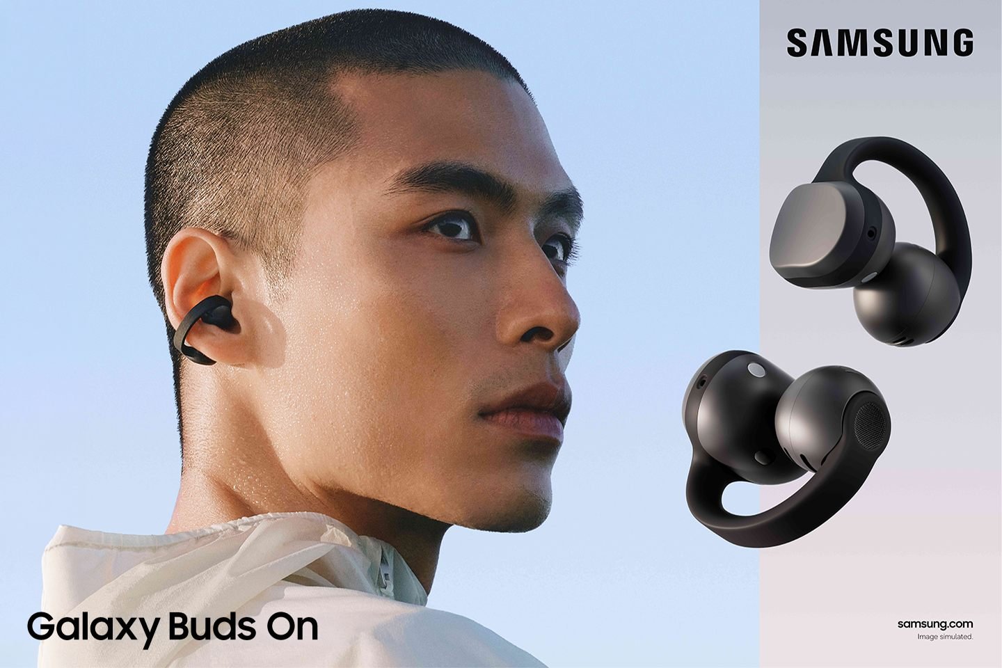 Samsung Galaxy Buds On clip-on open-ear design worn on ear