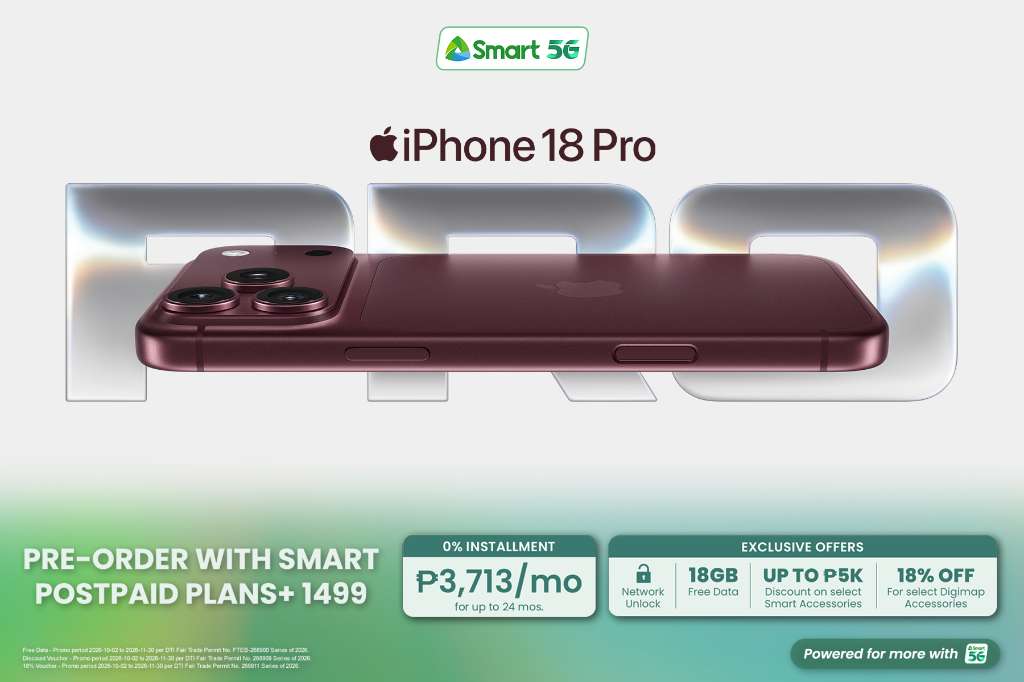 Smart iPhone 18 pre-order promo poster with Smart Postpaid Plans Plus 1499 details and perks