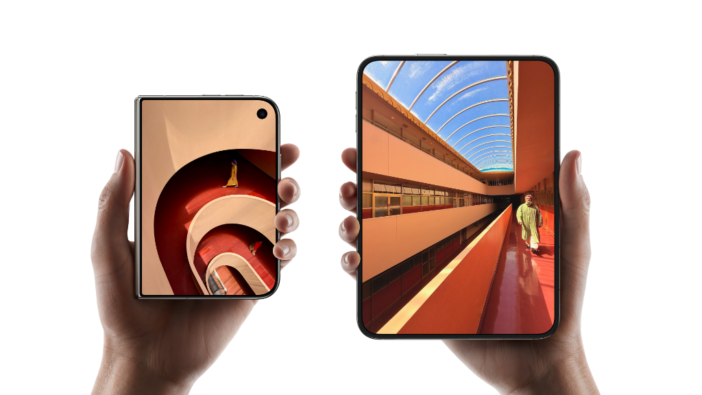 Hands holding the Apple iPhone Duo closed and unfolded powered by Smart 5G