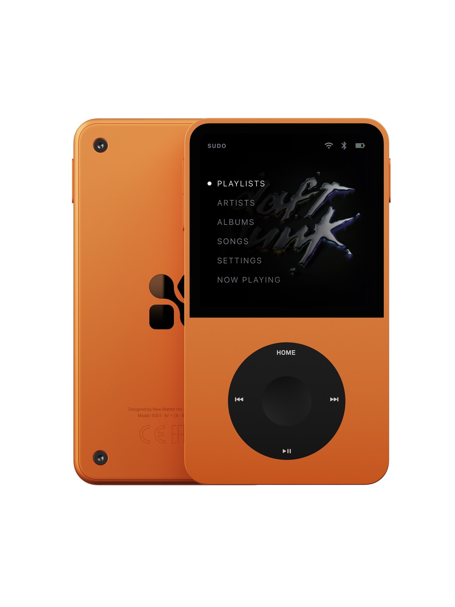 Front and back view of the Sudo music player in tangerine colorway