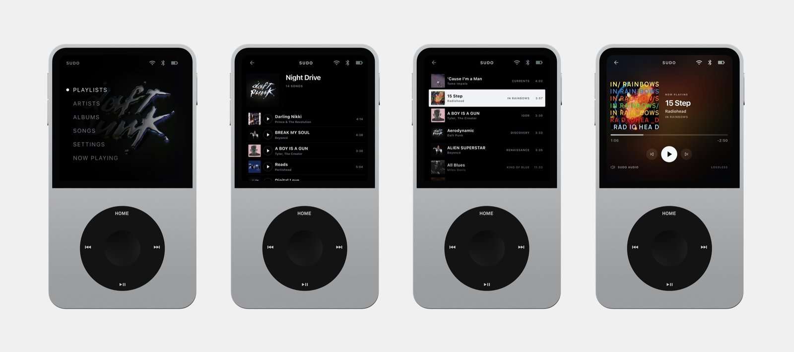 Sudo music player interface sequence showing library, playlists, and now playing screens