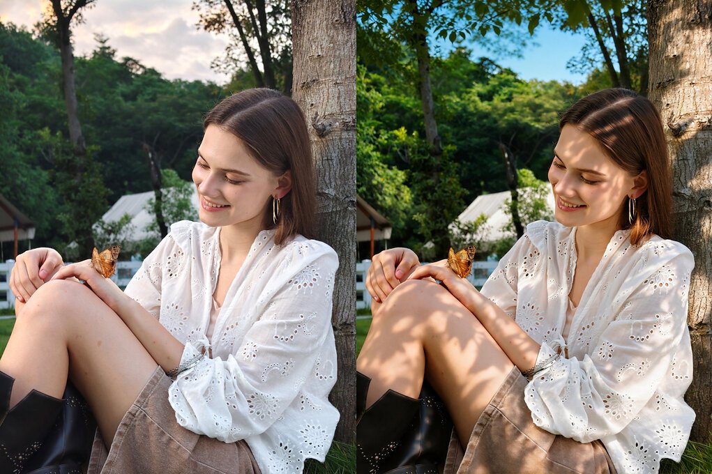 vivo V80 AI Creative Camera interface showing studio glow and sunlight portrait lighting effects